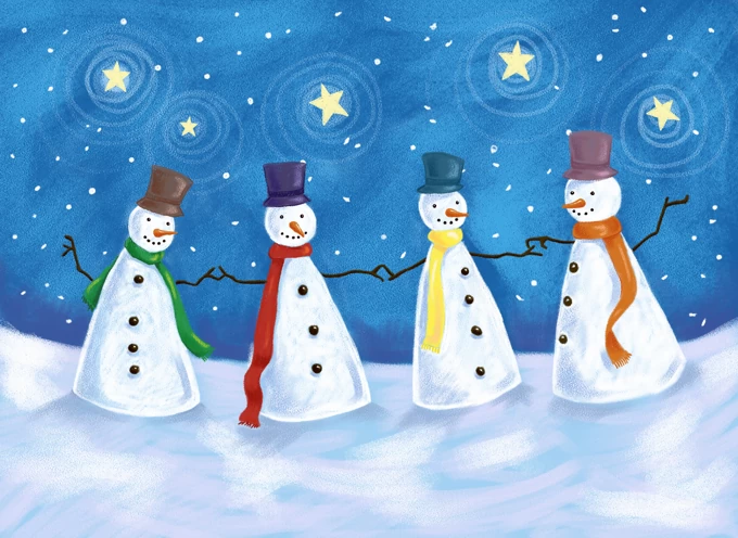 Four Christmas Snowmen Under the Stars