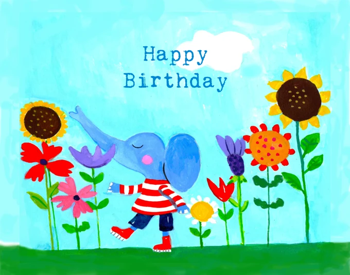Happy Birthday Elephant & Flowers