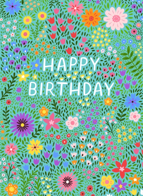 Floral Happy Birthday Card - Teal Flowers