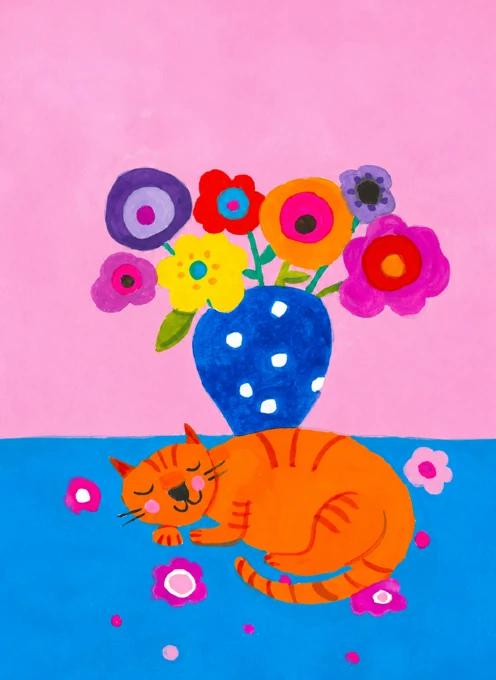 Sleeping Cat with Flower Vase