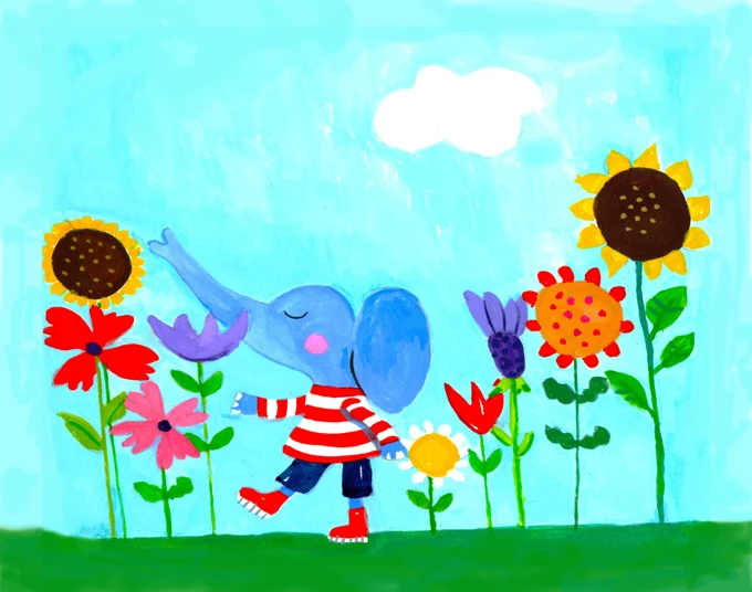 Blue elephant walking in flowers