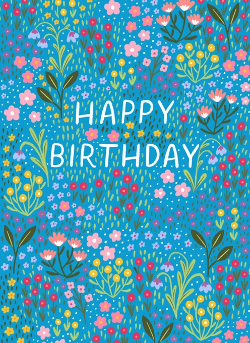 Floral Happy Birthday Card - Mid Blue