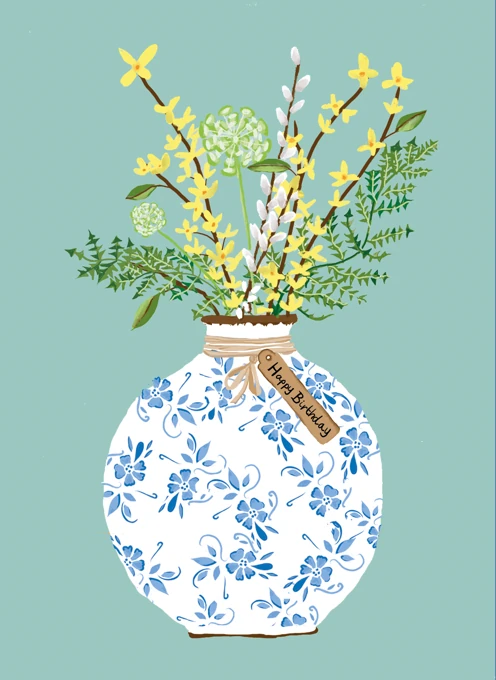 Happy Birthday Forsythia & Blue and White Vase
