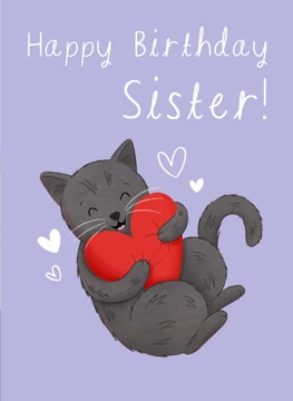 Sister Birthday Love Heart Cat
