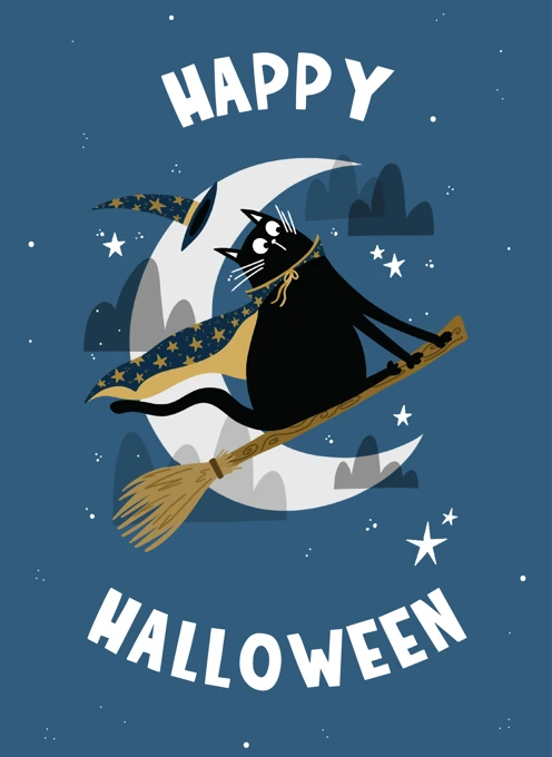 Happy Halloween Cat On Broom