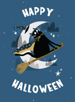 Happy Halloween Cat On Broom